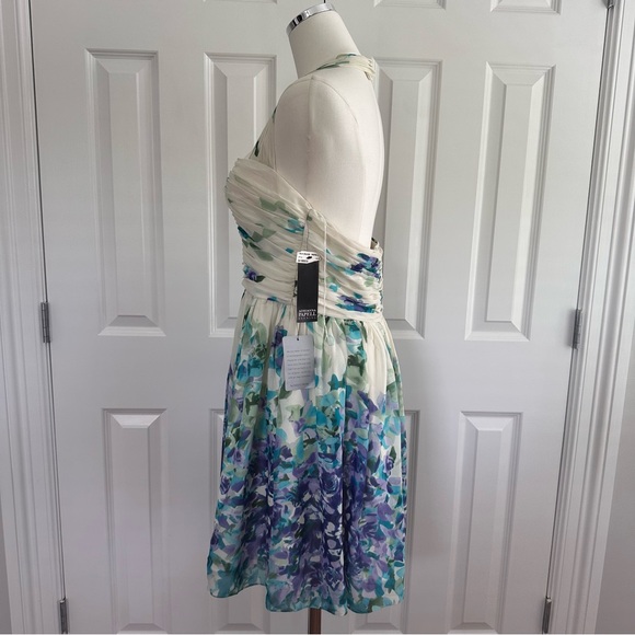 NWT Adrianna Papell Evening Chiffon Aqua Green White Halter Dress Mini Size 14 - Picture 2 of 13